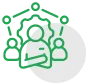 Icon featuring a central figure surrounded by team members and a network graphic, representing the dedicated workforce and technical experts at Square Corporation.