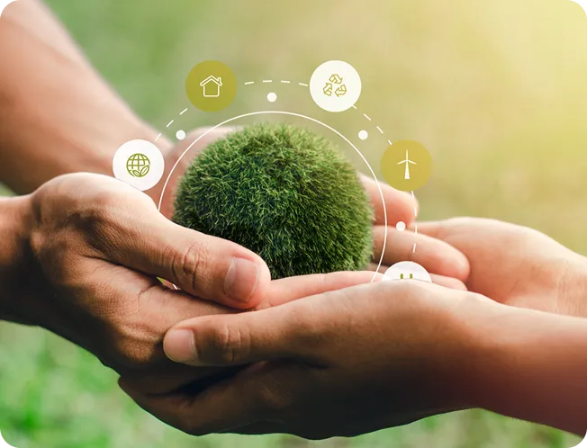Hands holding a vibrant green moss globe surrounded by digital eco-icons, representing global green technology and eco-innovation.