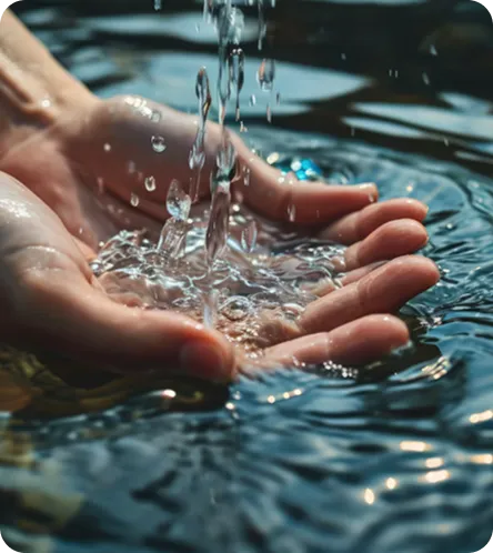 Cupped hands gently catching fresh water, illustrating Square Corporation's dedication to environmental responsibility and water conservation.