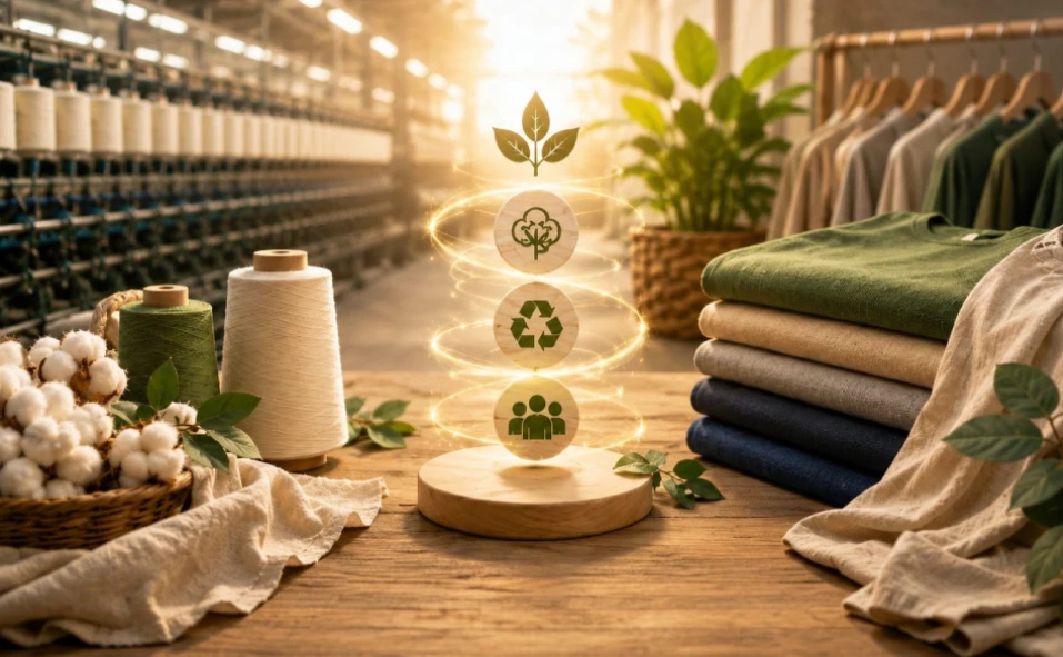 A decorative wooden display with small plants and textiles, representing Square Corporation's sustainable manufacturing niche.