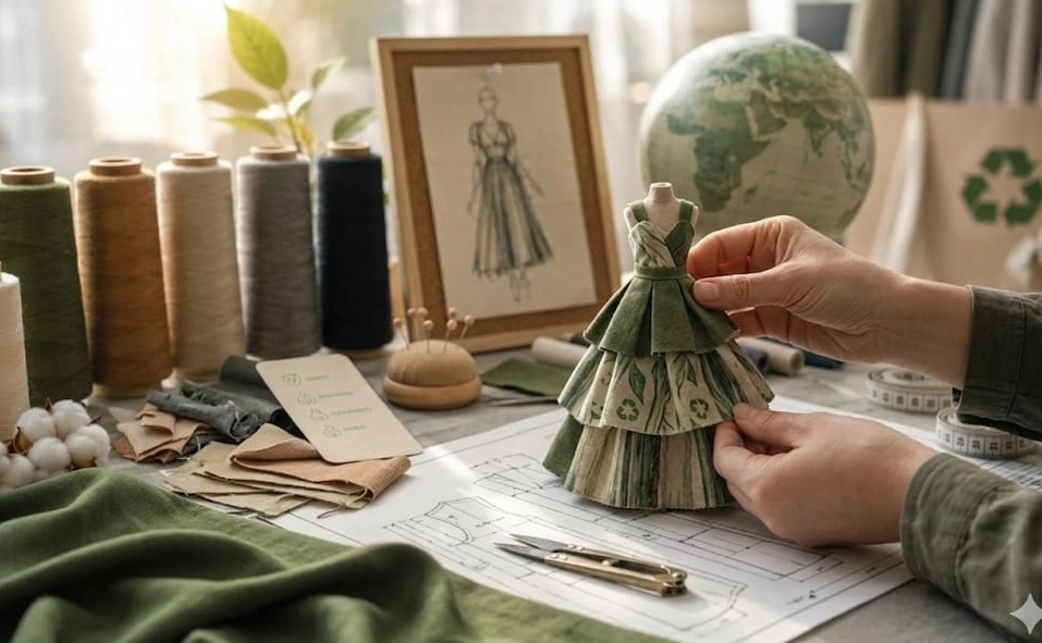 Hands carefully working on a fabric design project at a desk, illustrating the core purpose of Square Corporation.