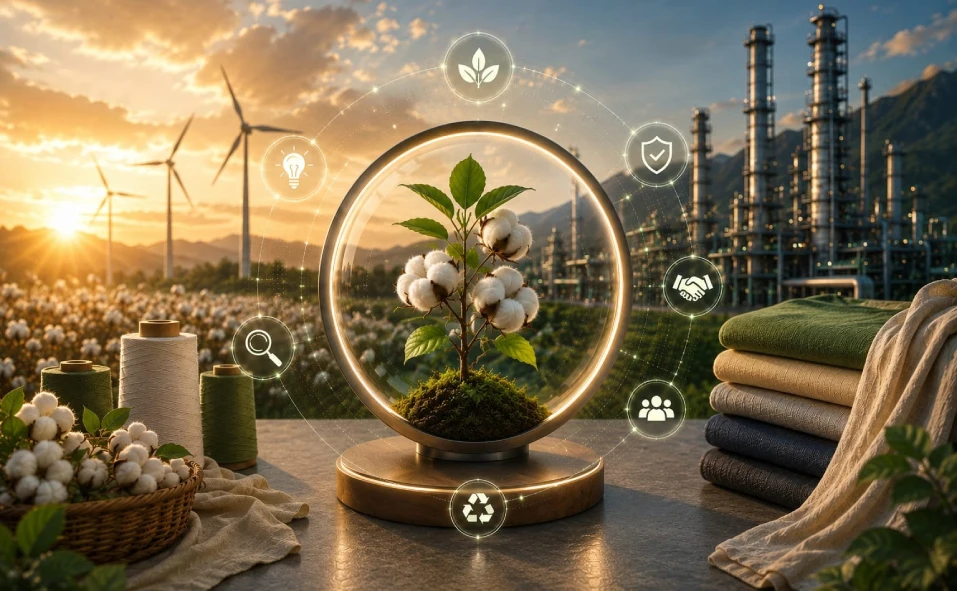 A conceptual illustration of a glowing plant inside a circular ring with sustainable industry in the background, symbolizing Square Corporation's vision.